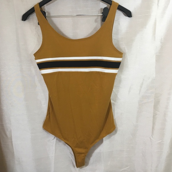 iris Other - NWT Mustard Gold Bodysuit Black White Stripe Front